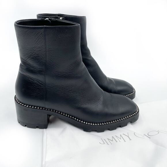 Jimmy Choo Mava Boots Crystal Trim Black Leather Ankle Block Heel Sz 38.5 / 8.5 - Picture 3 of 13